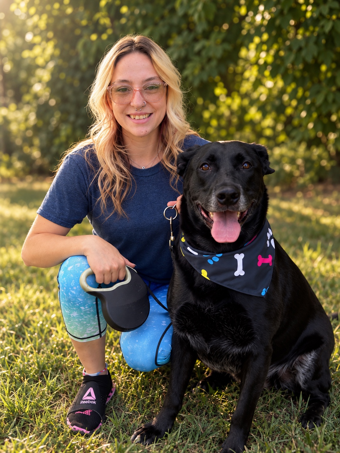 Cassi with her black Labrador, Bear