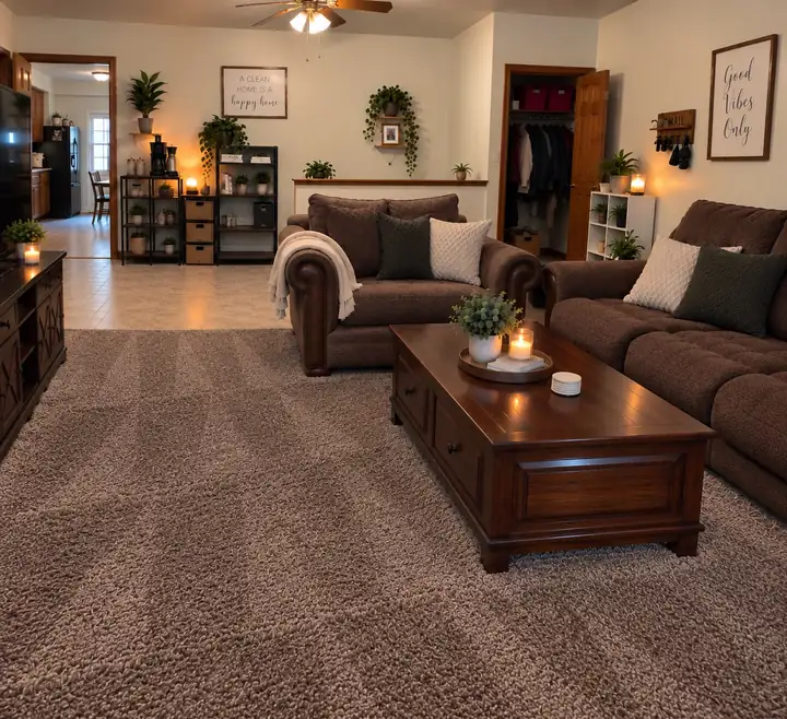 Freshly cleaned living room with vacuumed carpet, polished wood furniture, and a tidy kitchen beyond
