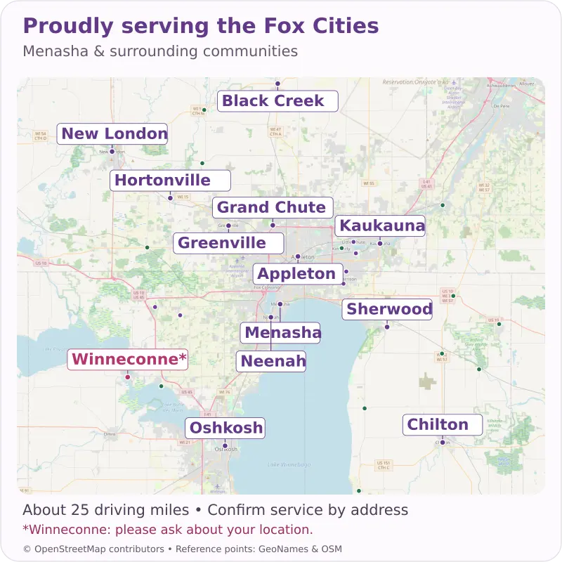 Fox Cities reference map showing Menasha, Appleton, Neenah, Oshkosh, Greenville, Hortonville, and surrounding communities.